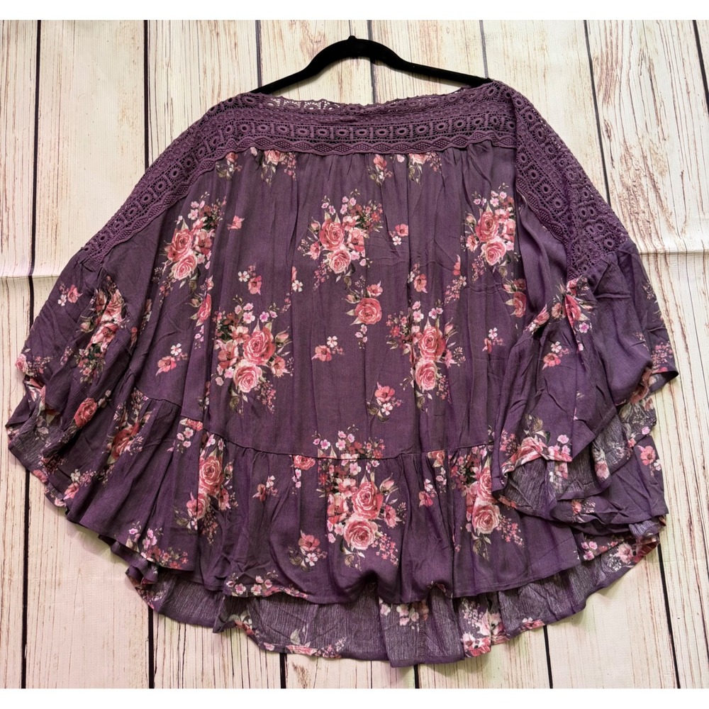 Oddi Purple Floral Crochet Lace Trim Ruffle Bell Sleeve Blouse One Size